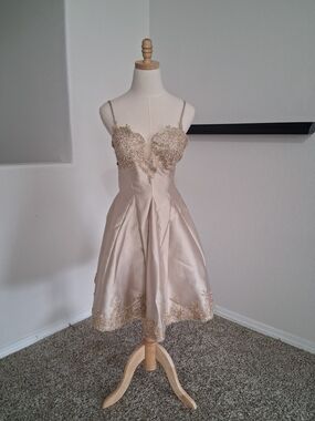 May Queen Champagne Satin Cocktail Dress with Beaded Lace Bodice